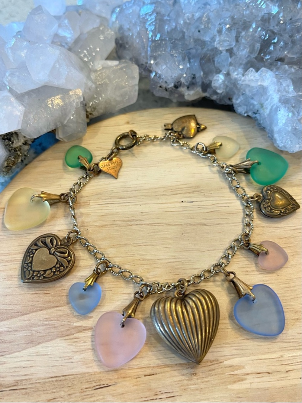 🌑Vintage Glass Works Studio Puffy Heart Charm Bracelet 7.25”🌑